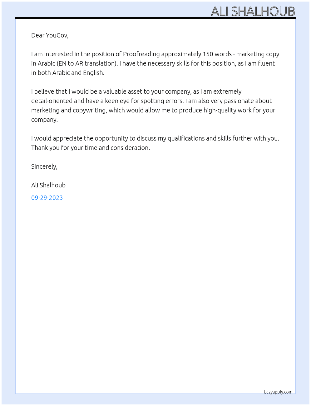 Proofreading approximately 150 words - marketing copy in Arabic (EN to AR translation) At YouGov Cover Letter