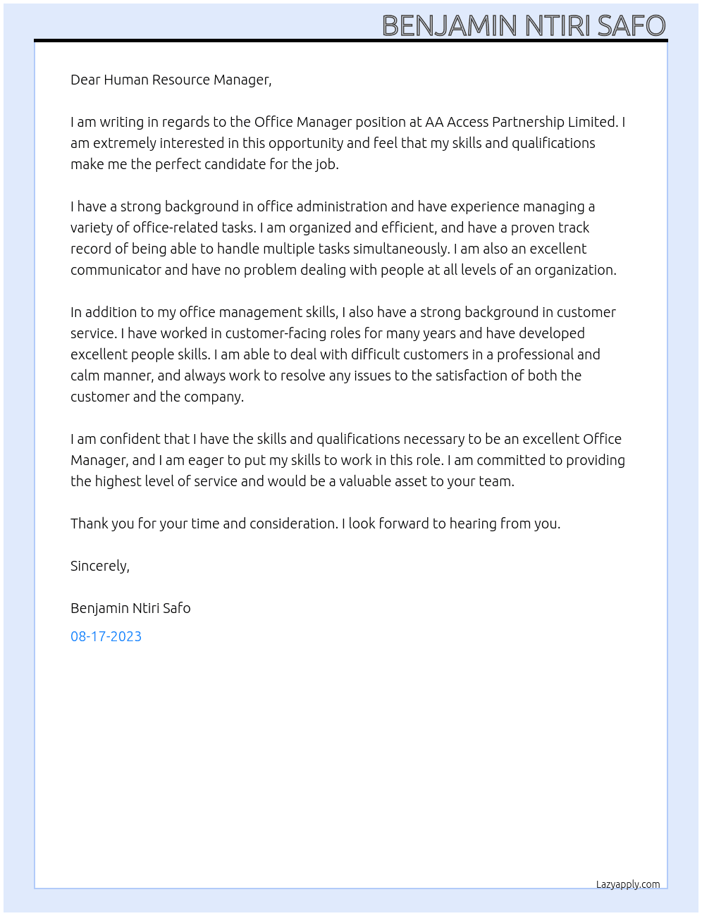 Office Manager At AA Access Partnership Limited Cover Letter