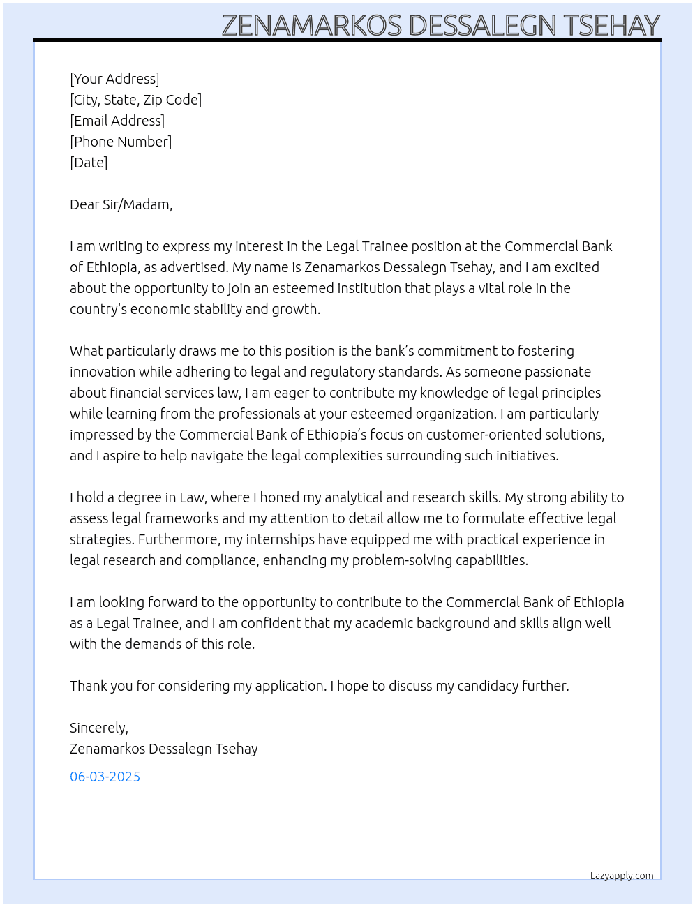 Legal Trainee At Commercial Bank of Ethiopia Cover Letter