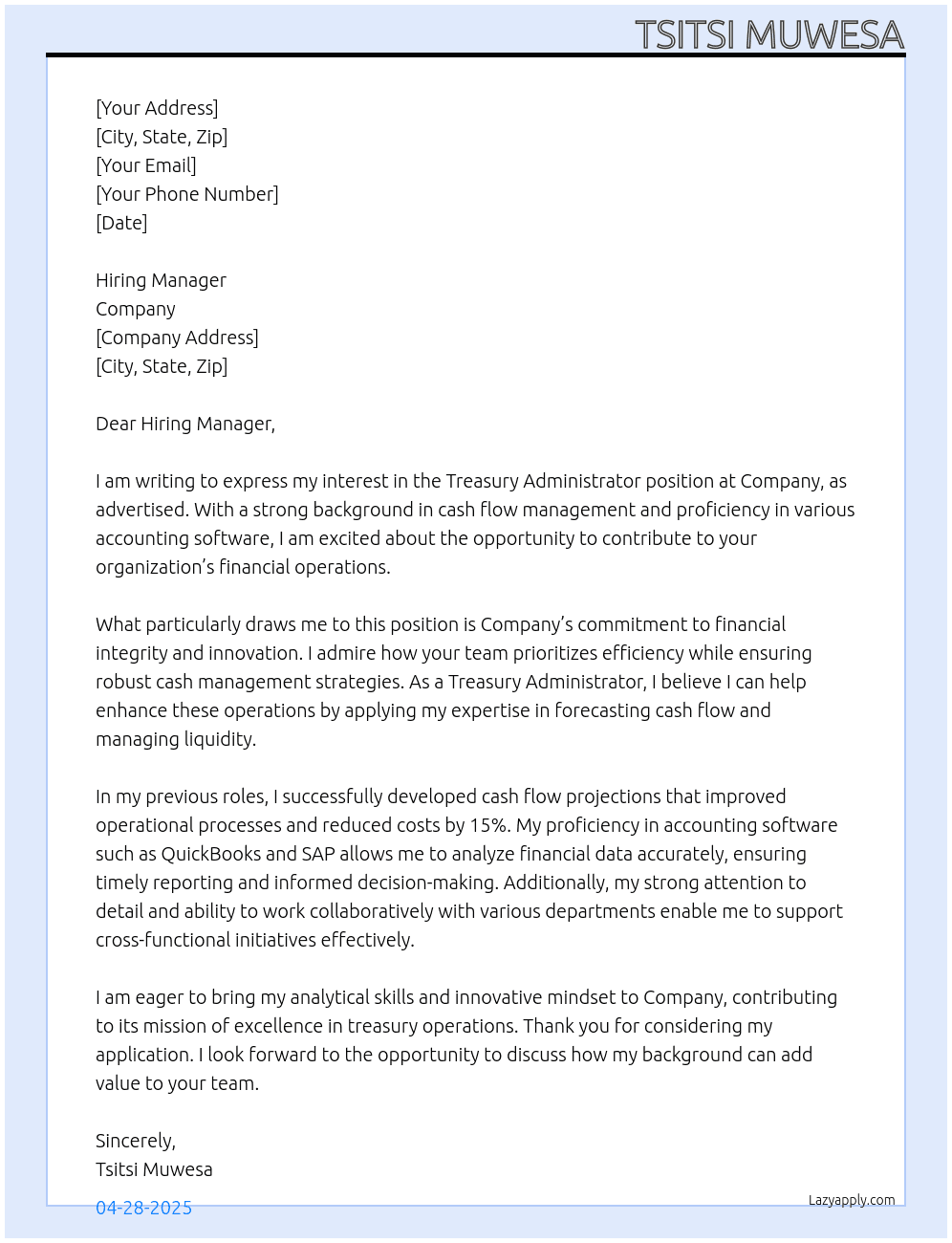 Cover letter for treasury administrator - LazyApply