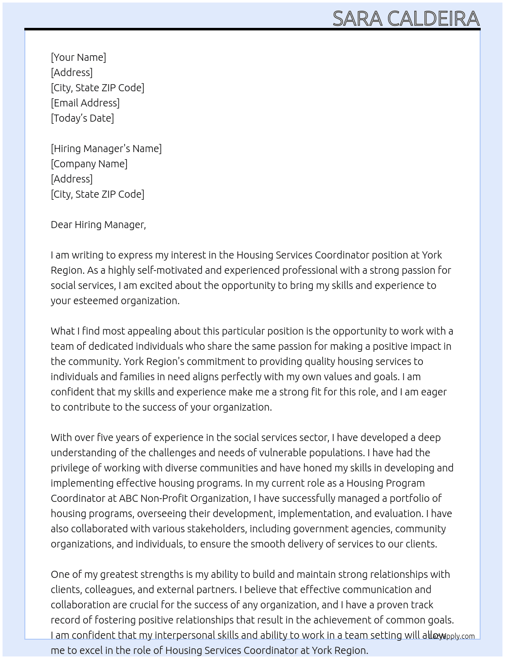 Housing Services Coordinator At York Region Cover Letter