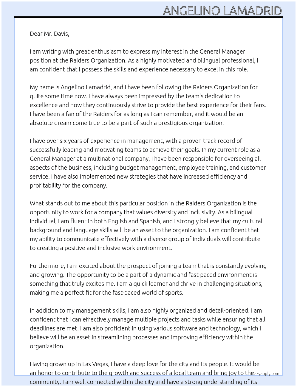 general manager At Raiders Organization Cover Letter