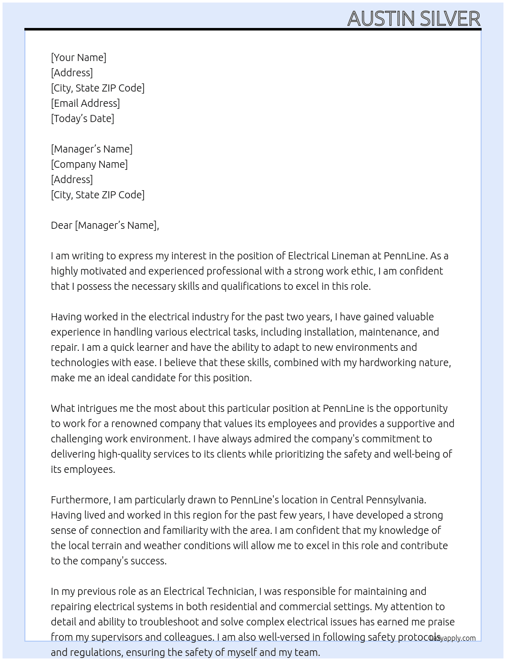 Electrical linemen At PennLine Cover Letter
