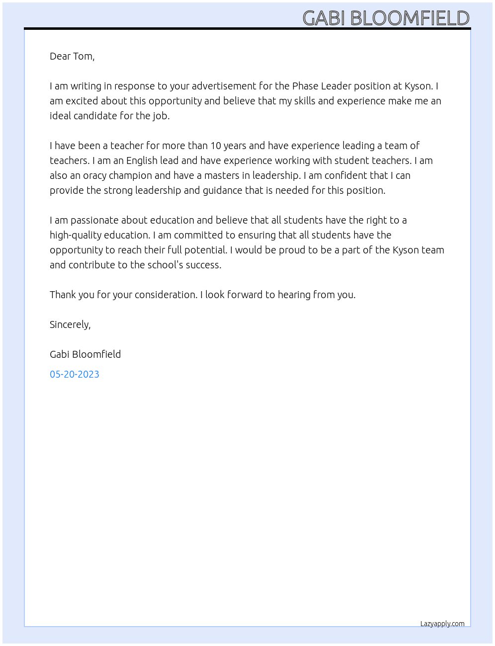 Phase Leader At Kyson  Cover Letter
