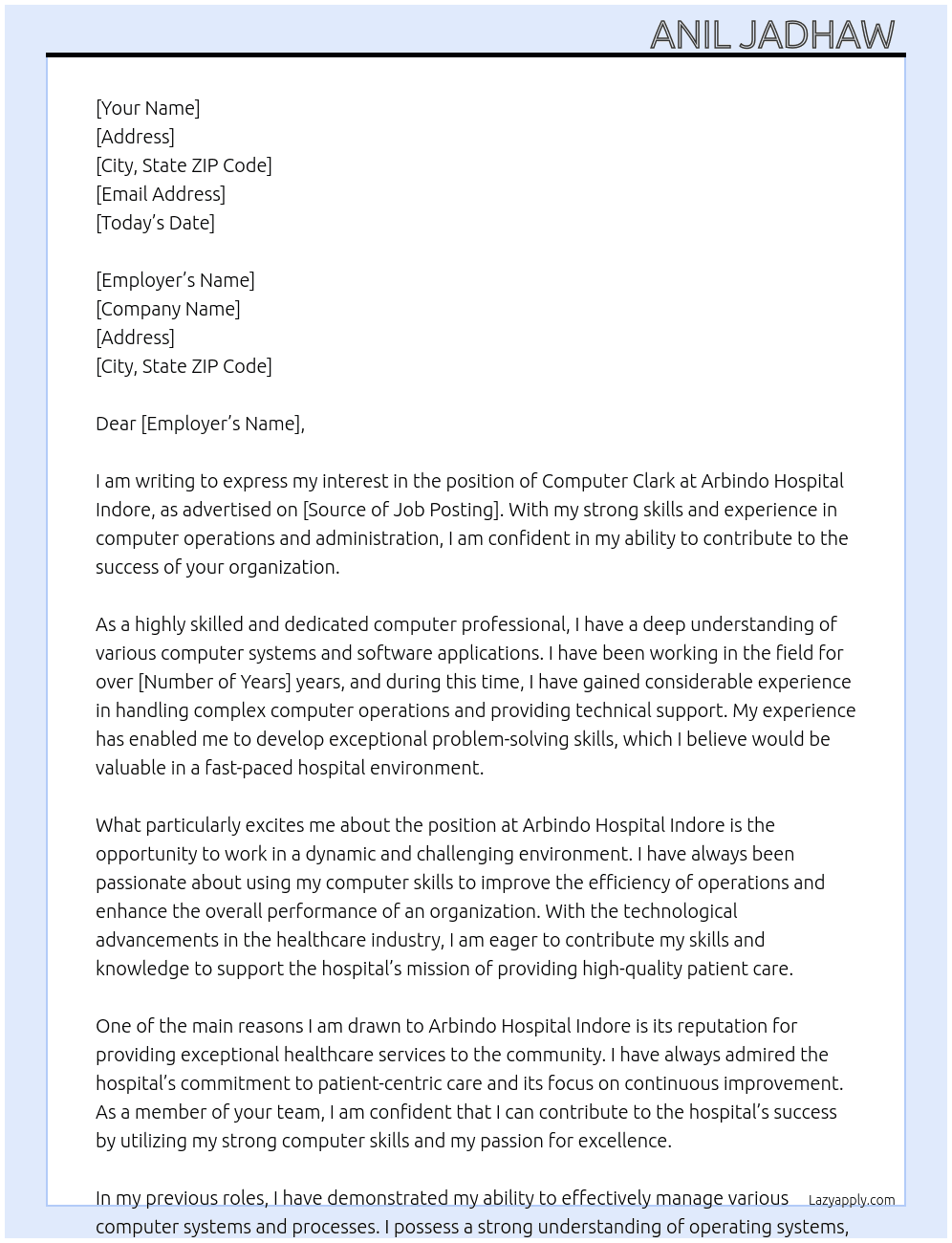 Computer Clark  At Arbindo hospital indore  Cover Letter