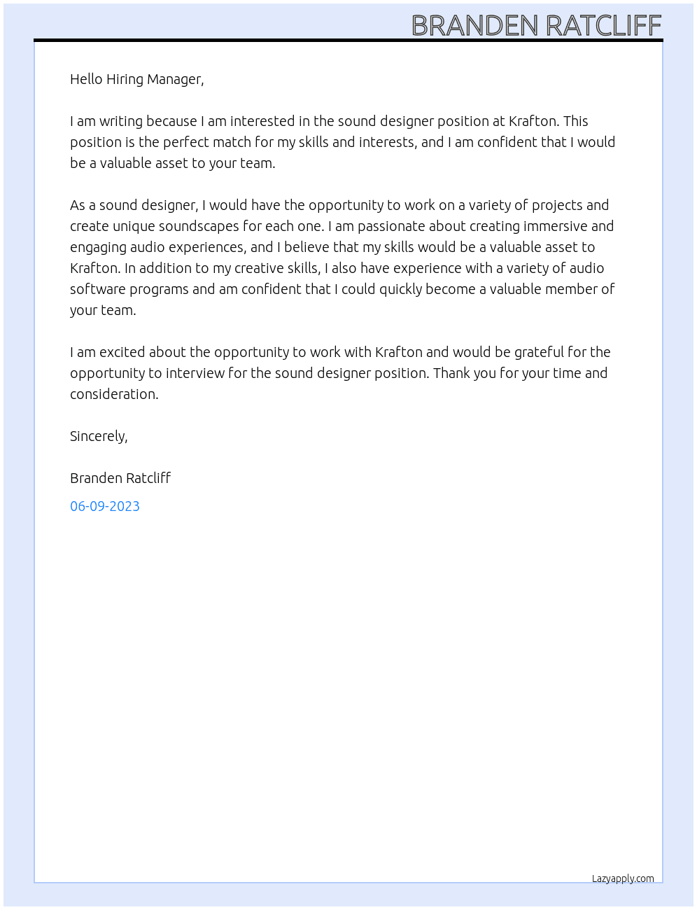 Sound Designer At Krafton Cover Letter