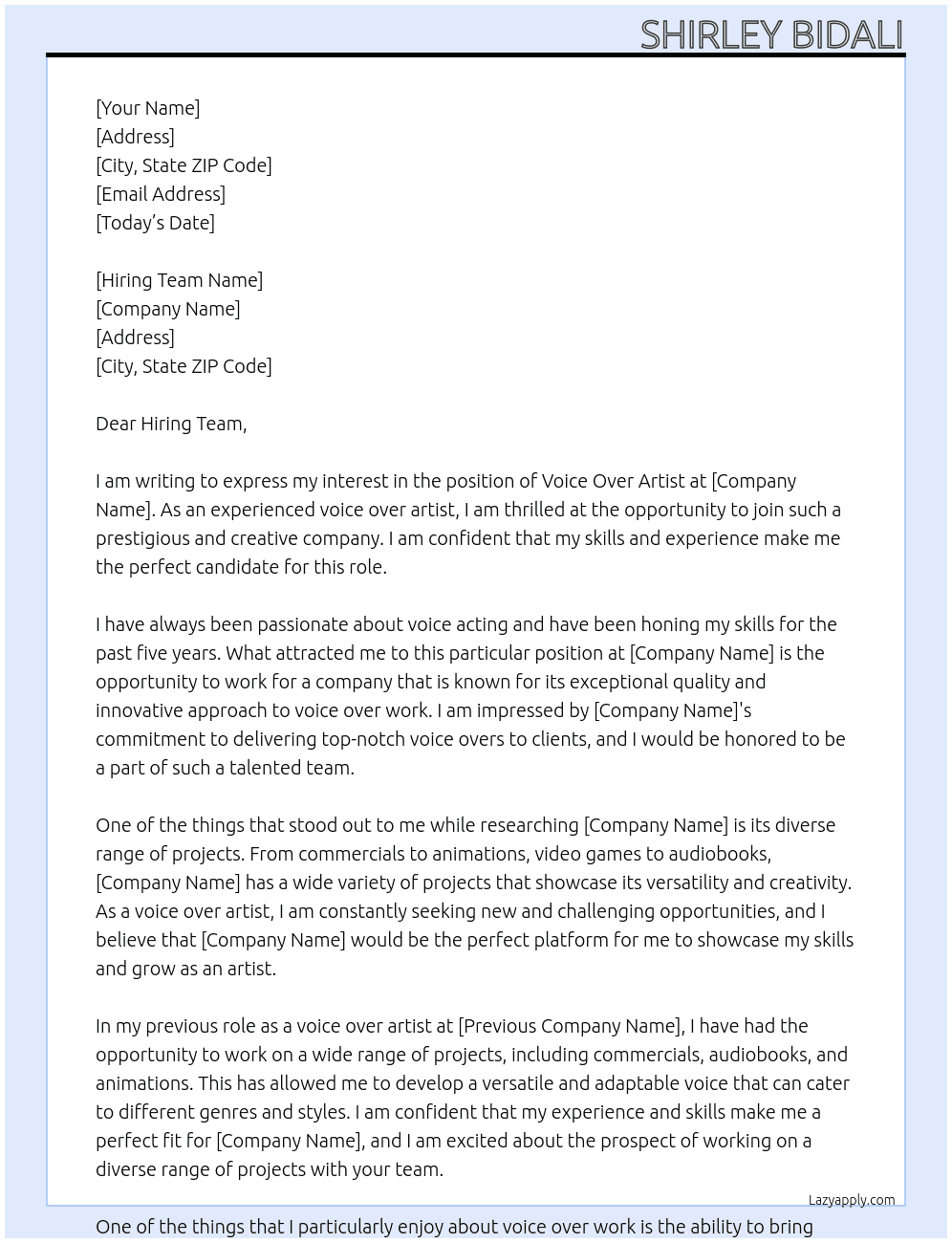 Voice Over Artist At Shirley Bidali Cover Letter