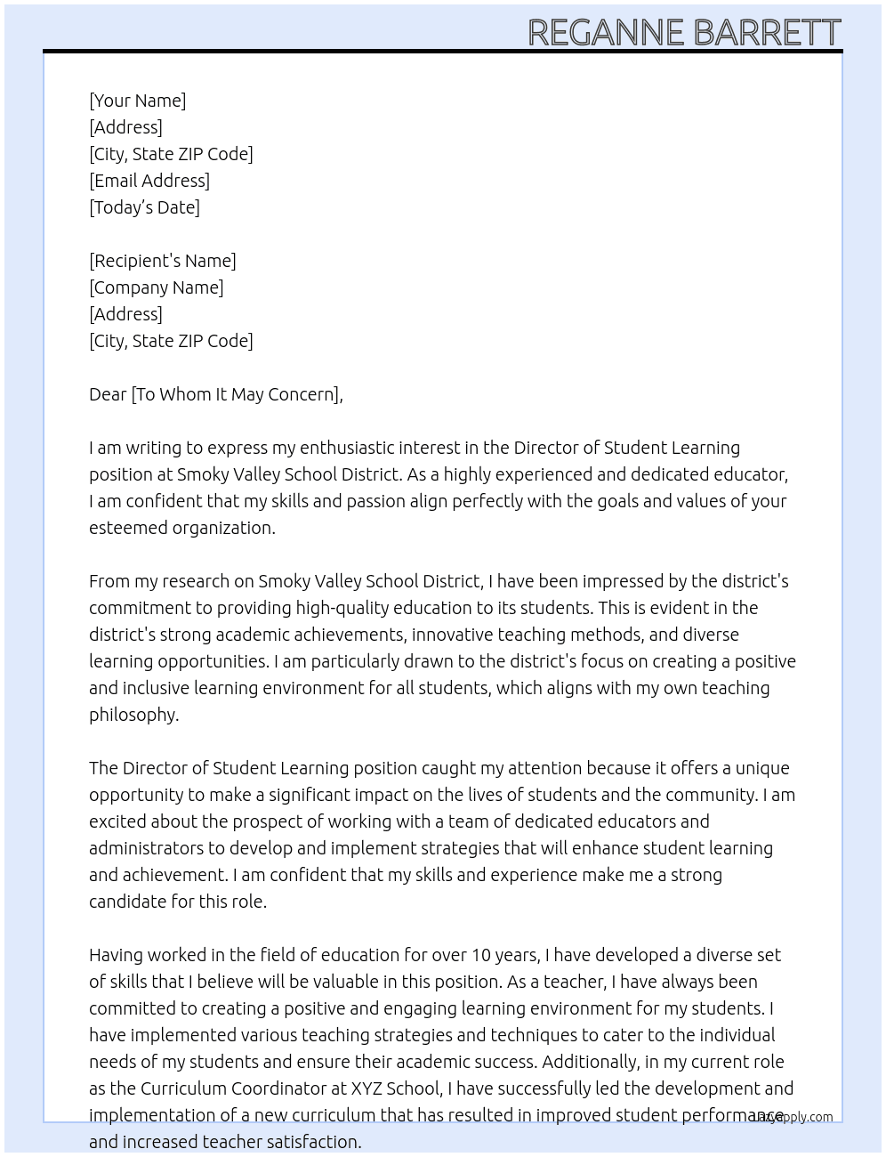 Director of Student Learning At Smoky Valley School District Cover Letter