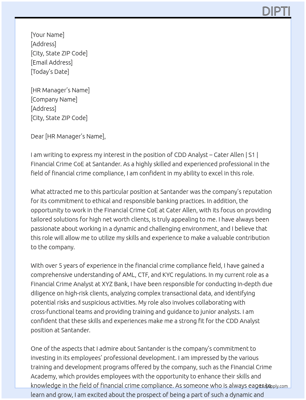 CDD Analyst – Cater Allen | S1 | Financial Crime CoE At Santander Cover Letter