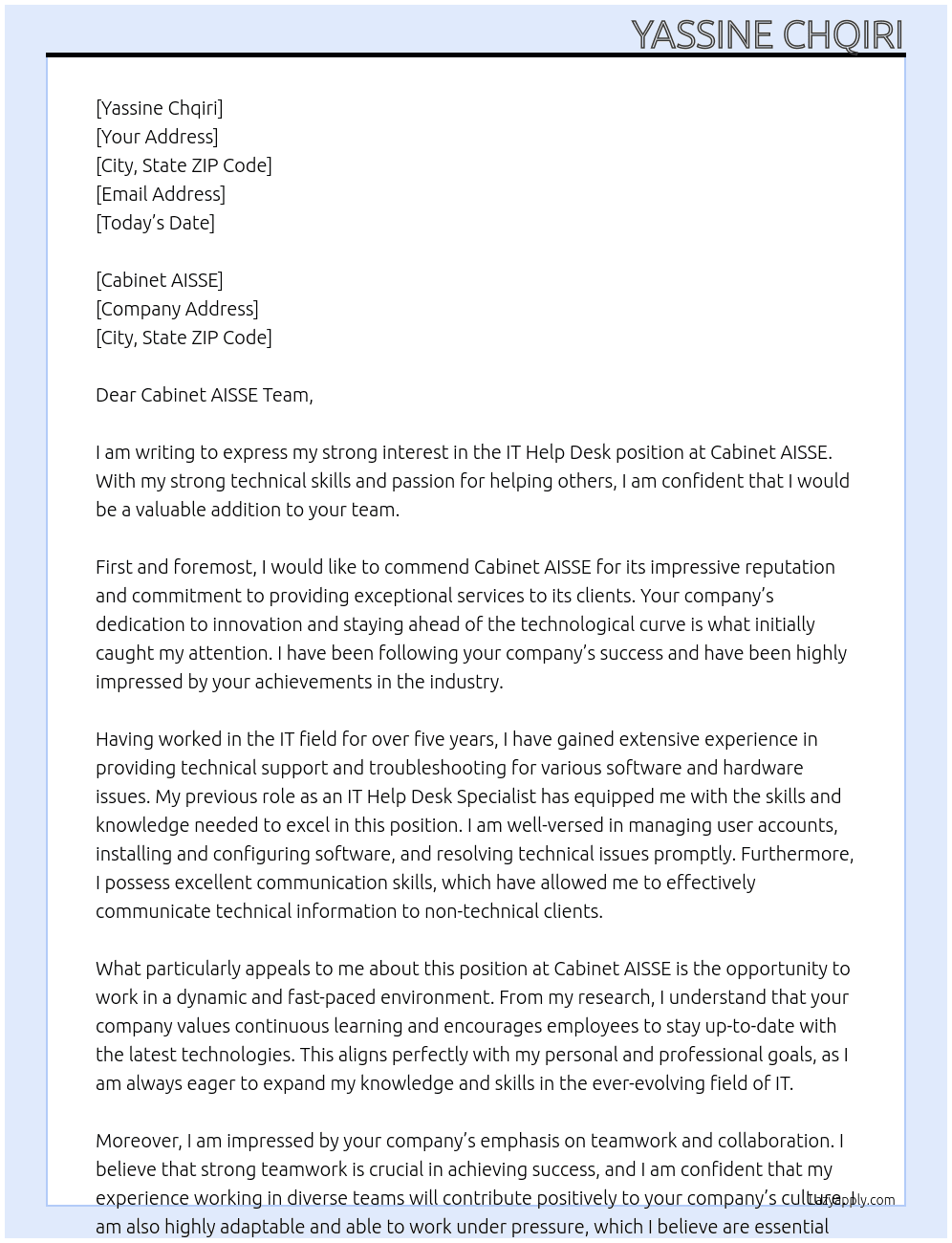 IT help desk At Cabinet AISSE Cover Letter