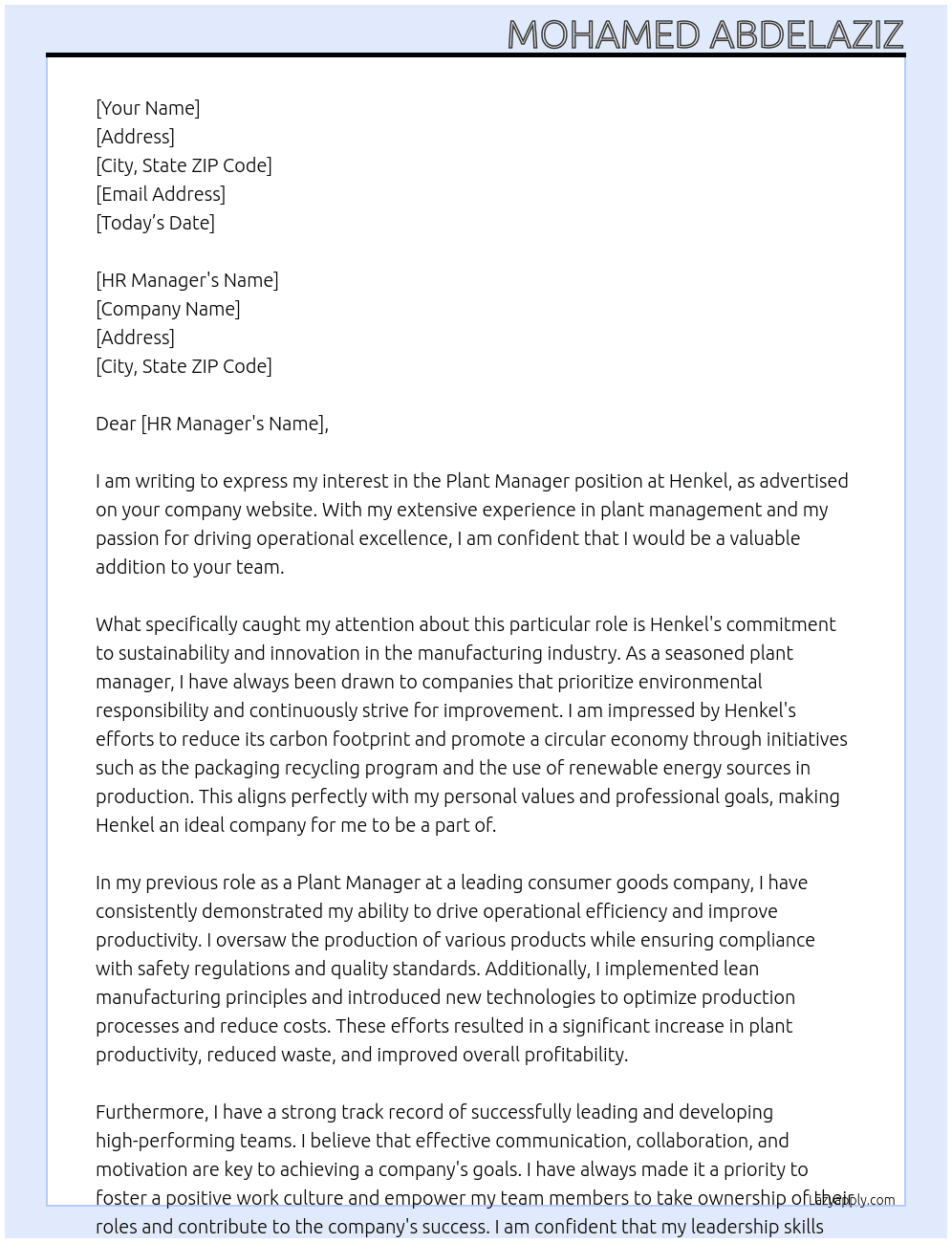 Plant Manager At Henkel Cover Letter