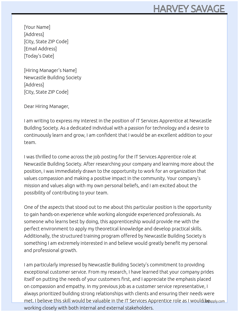 IT services apprentice At Newcastle Building Society Cover Letter