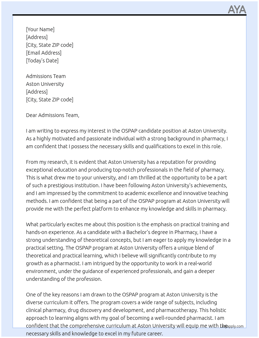 OSPAP candidate At Aston University Cover Letter