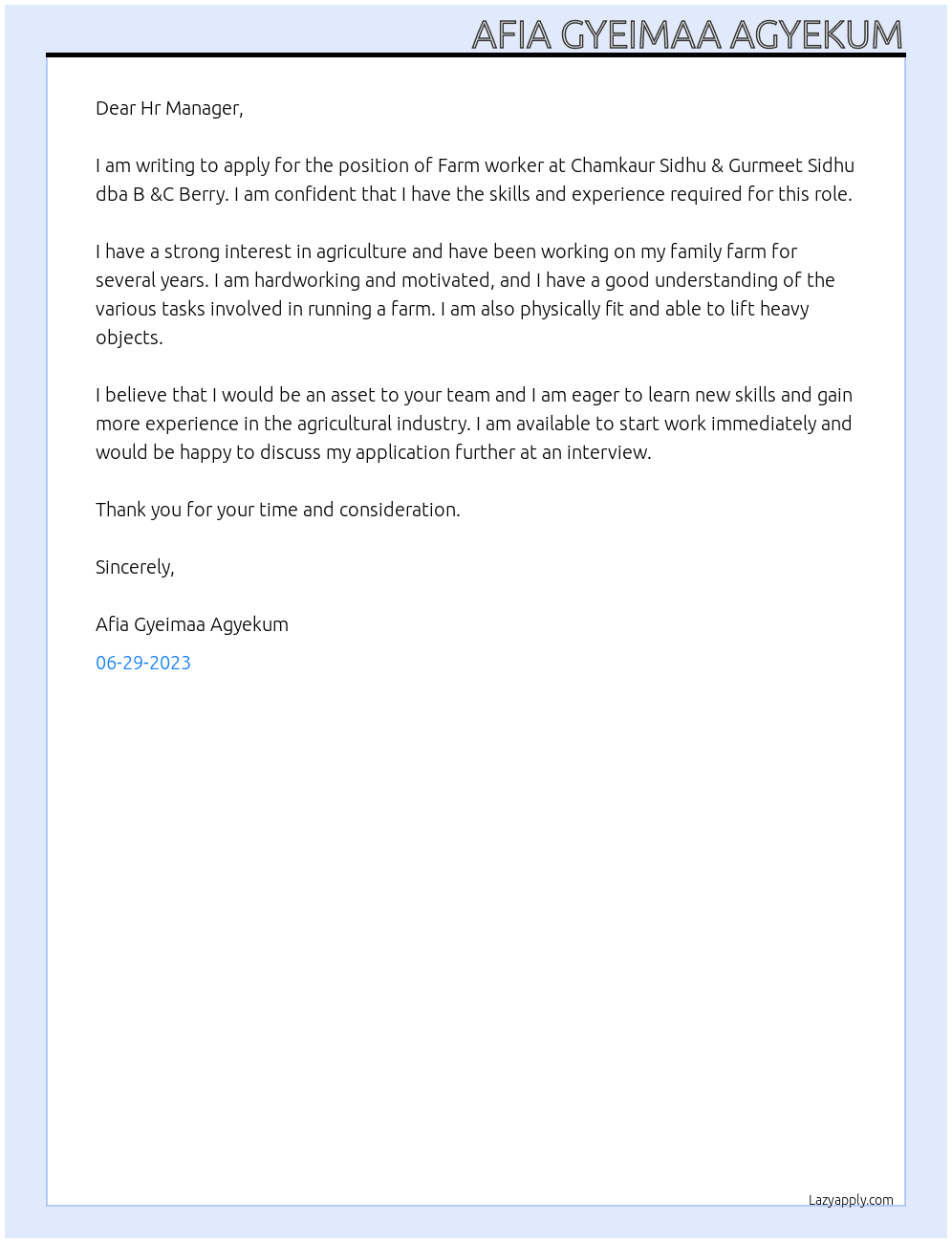 Farm worker At Chamkaur Sidhu & Gurmeet Sidhu dba B &C Berry Cover Letter
