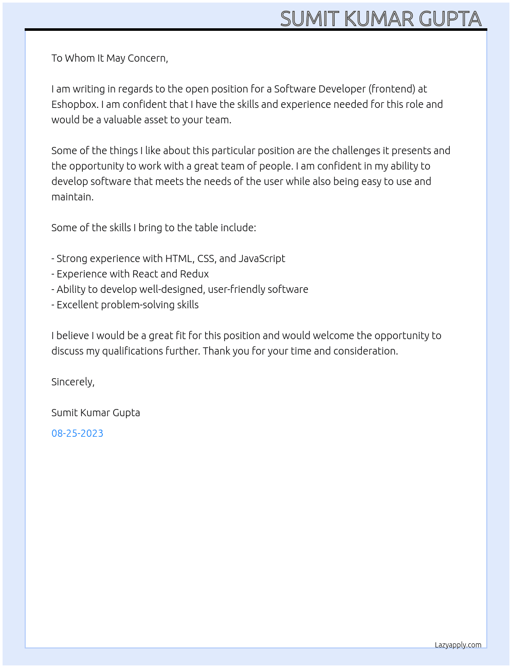 Software Developer (frontend) At Eshopbox Cover Letter