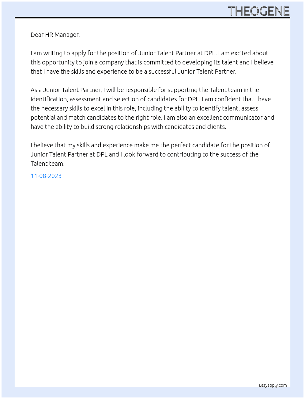 Junior Talent Partner At DPL Cover Letter