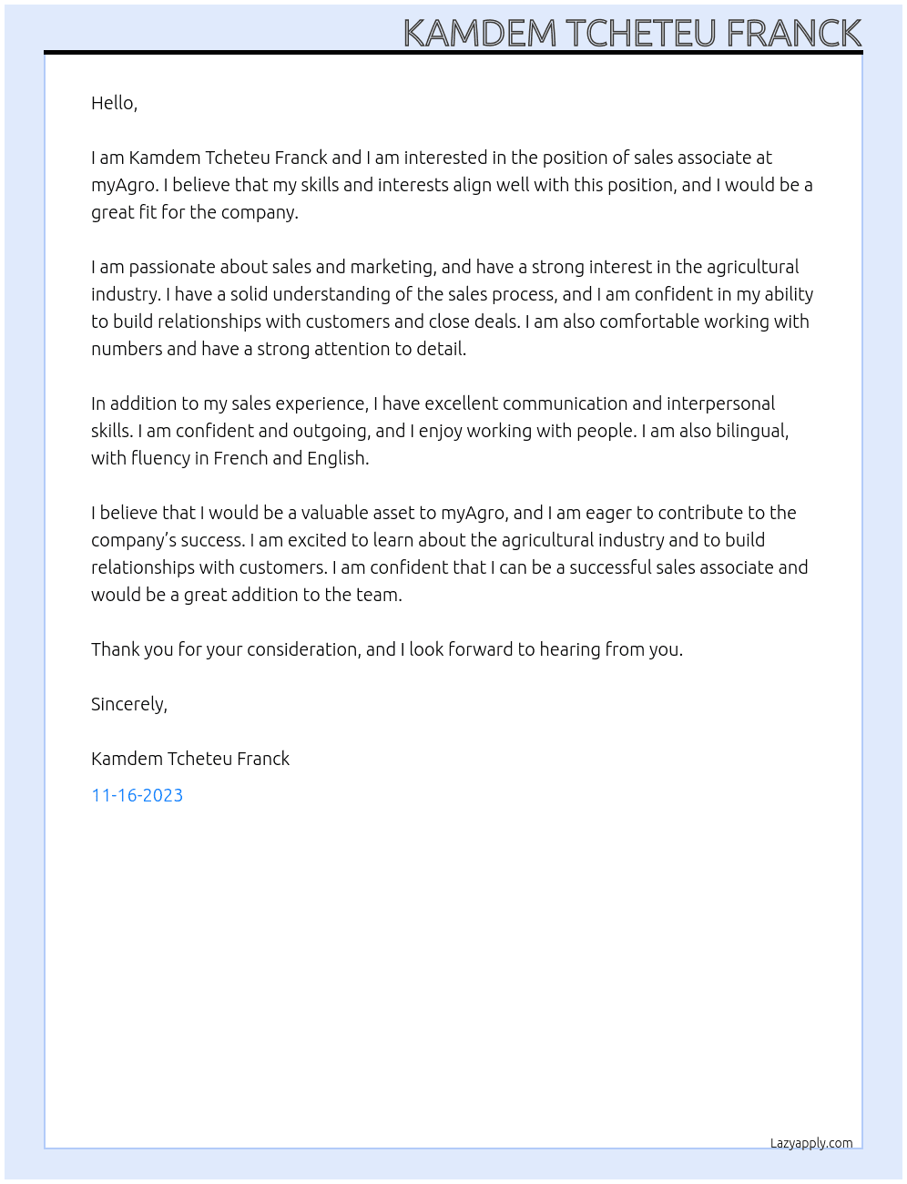 sales associate At myAgro Cover Letter