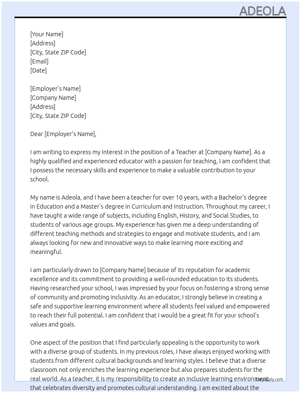 Teacher At Adeola Cover Letter