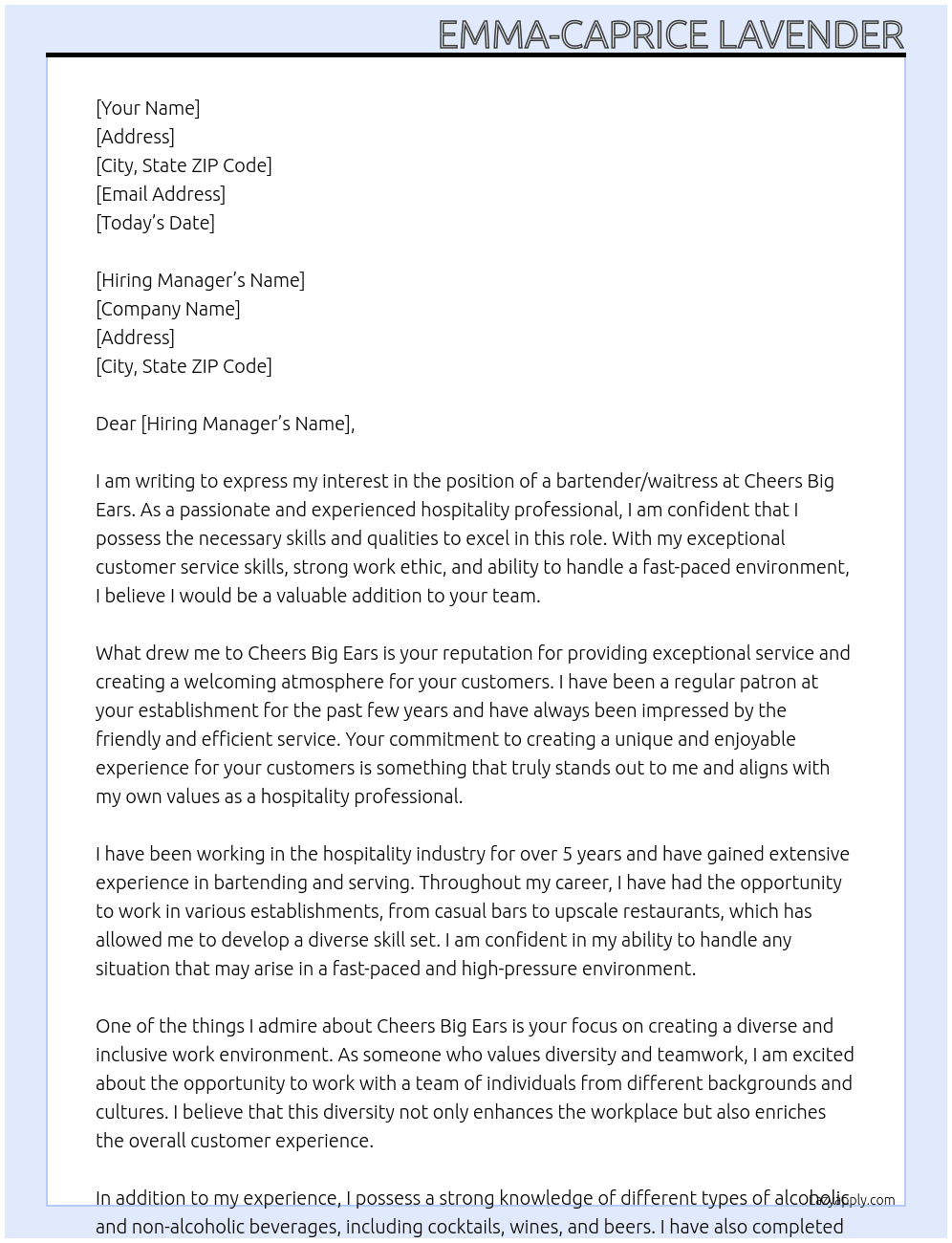 bartender/waitress At Cheers big ears Cover Letter