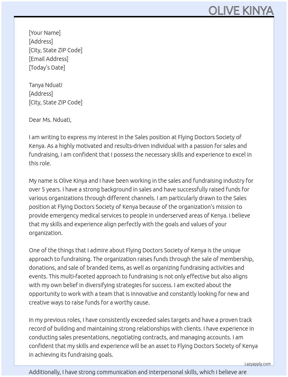 SALES At Flying doctors society of kenya Cover Letter