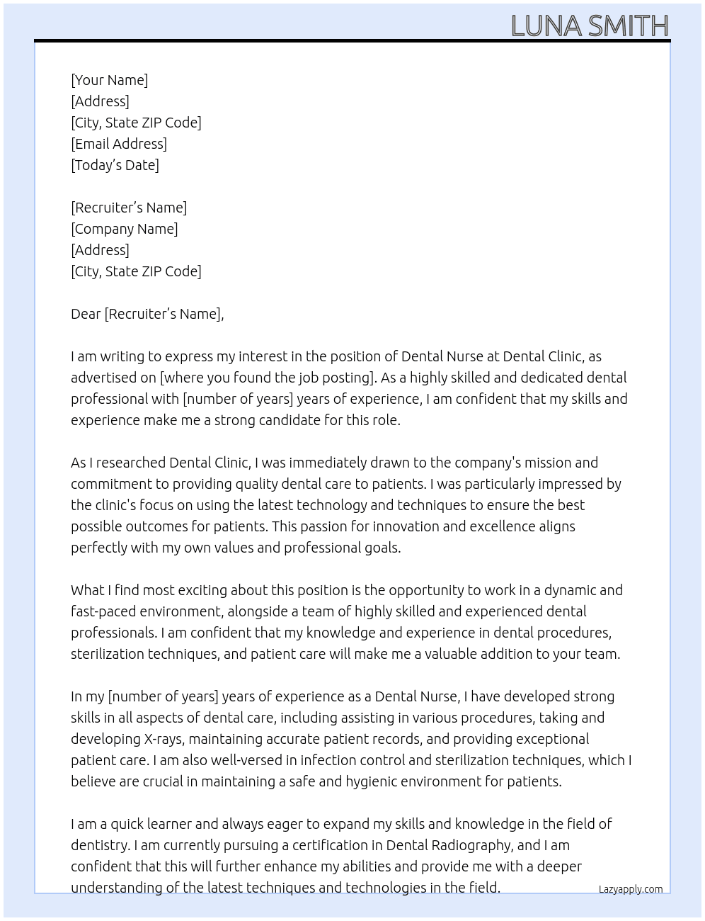 dental nurse At dental clinic Cover Letter