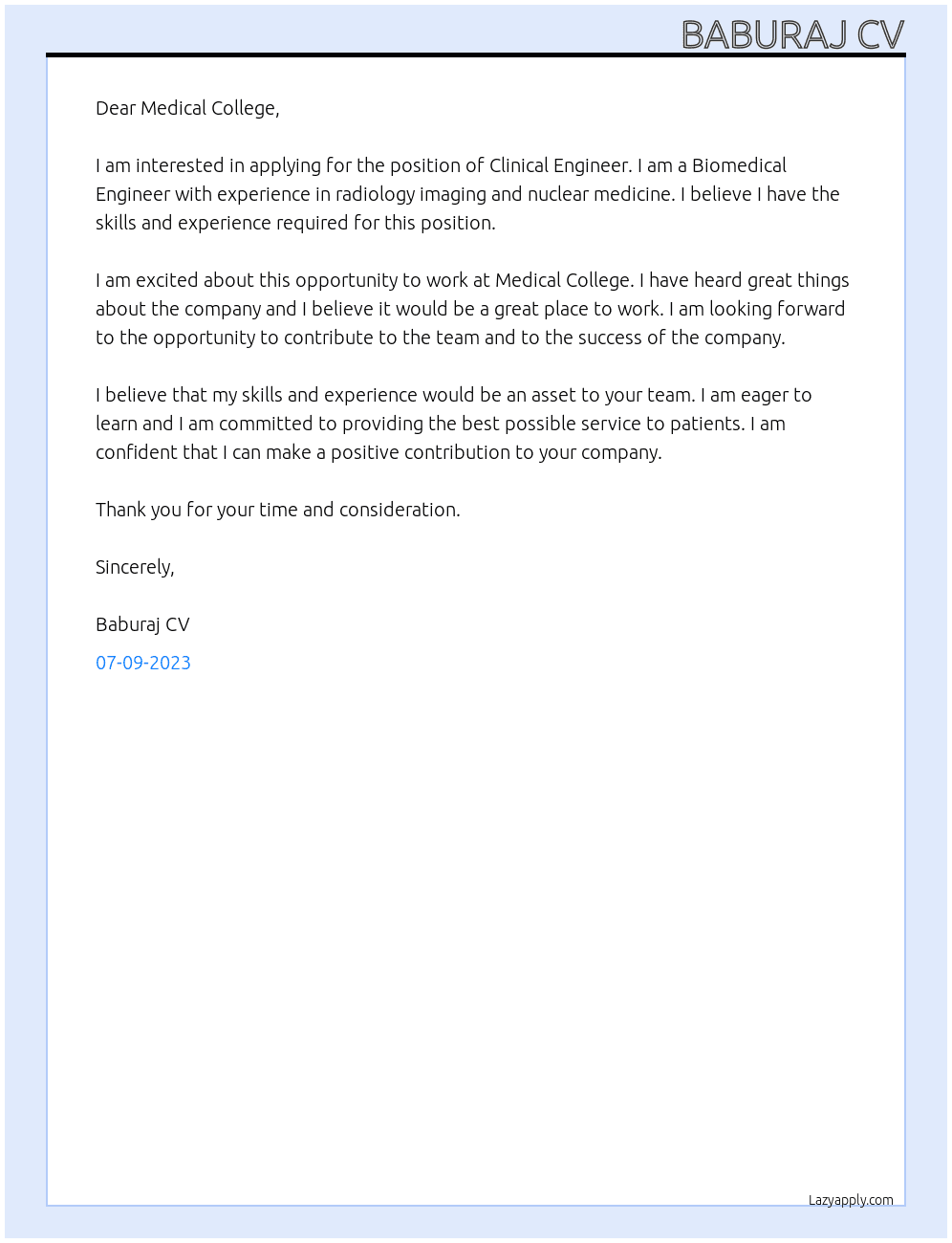 Clinical Engineer At Medical College Cover Letter