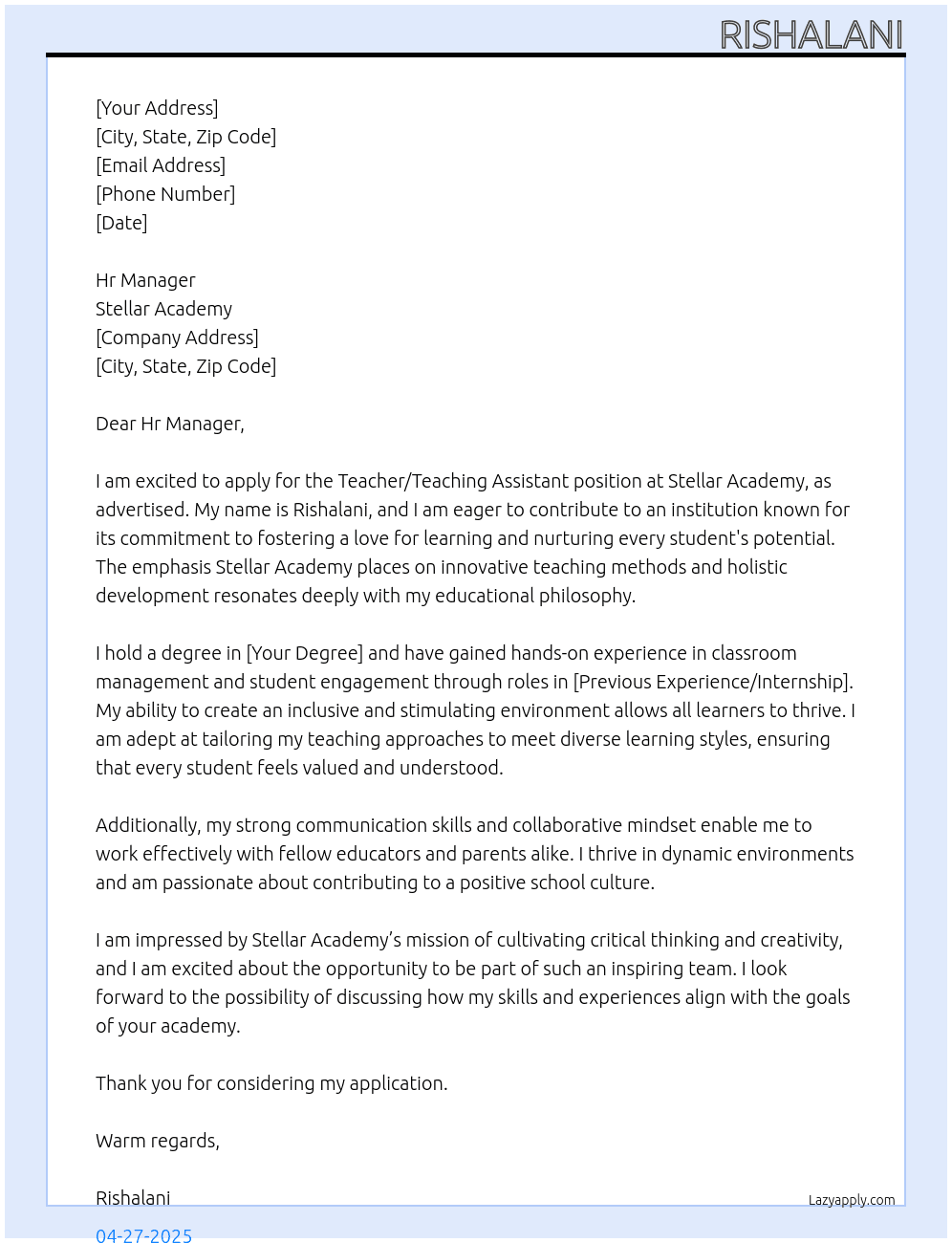 Teacher/ Teaching Assistant  At Stellar Academy Cover Letter