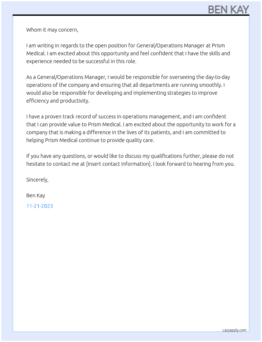 General/Operations Manager  At Prism Medical Cover Letter
