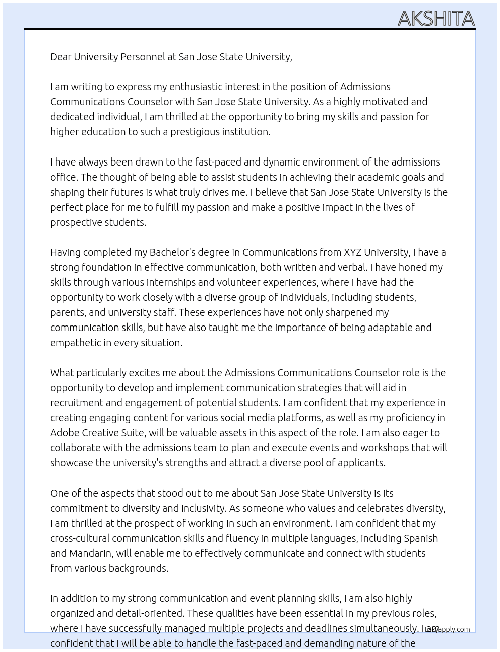 Admissions Communications Counselor At San Jose State University Cover Letter