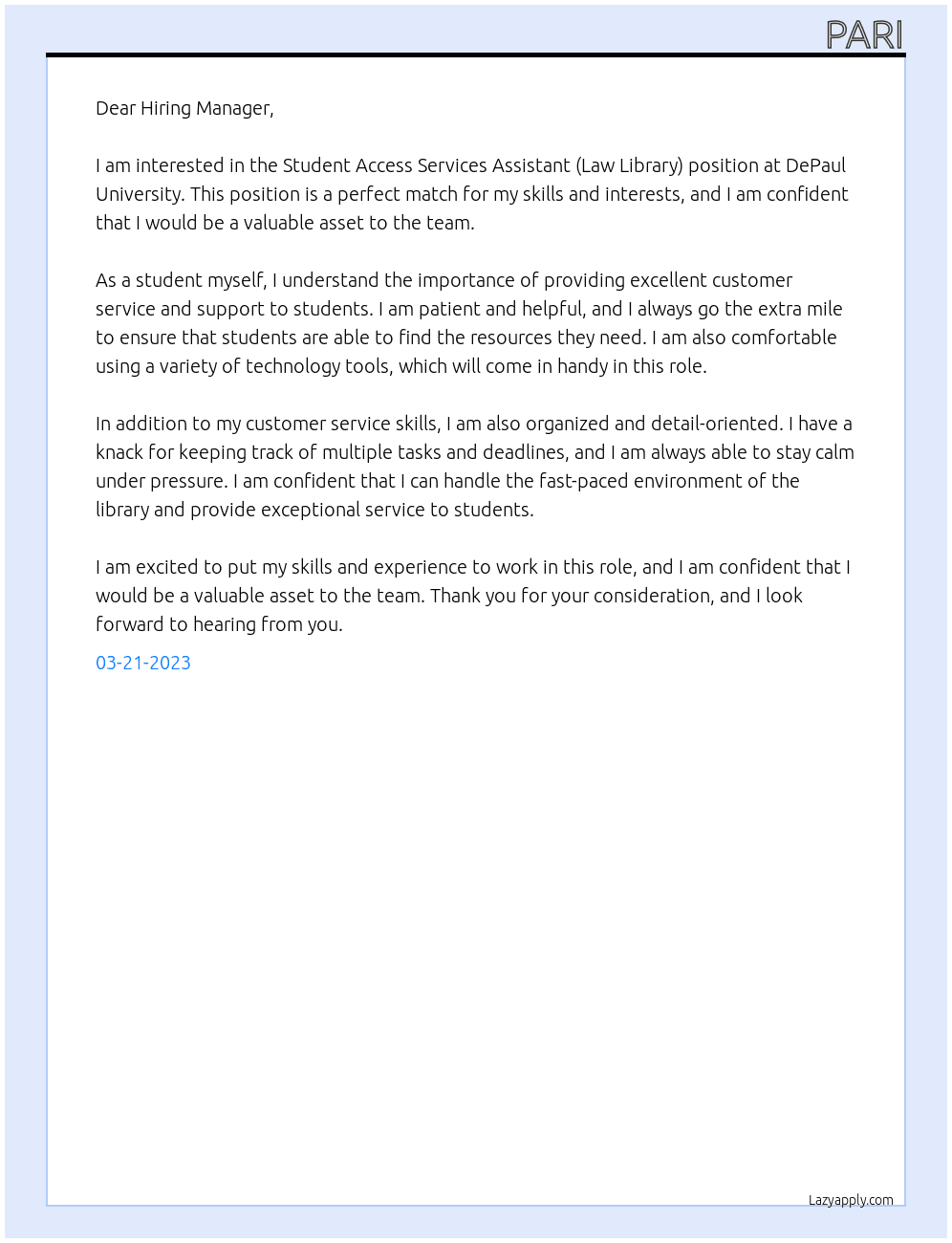 Student Access Services Assistant (Law Library) At De paul Cover Letter