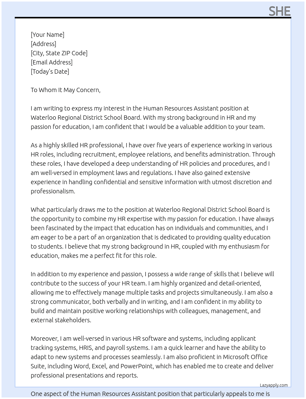 Human Resources Assistant At Waterloo Regional District School Board Cover Letter