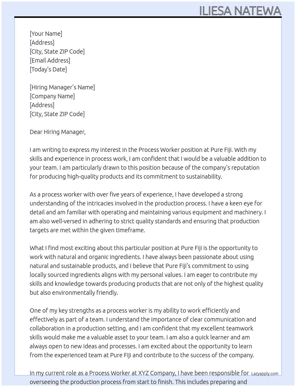 Process Worker At Pure Fiji Cover Letter