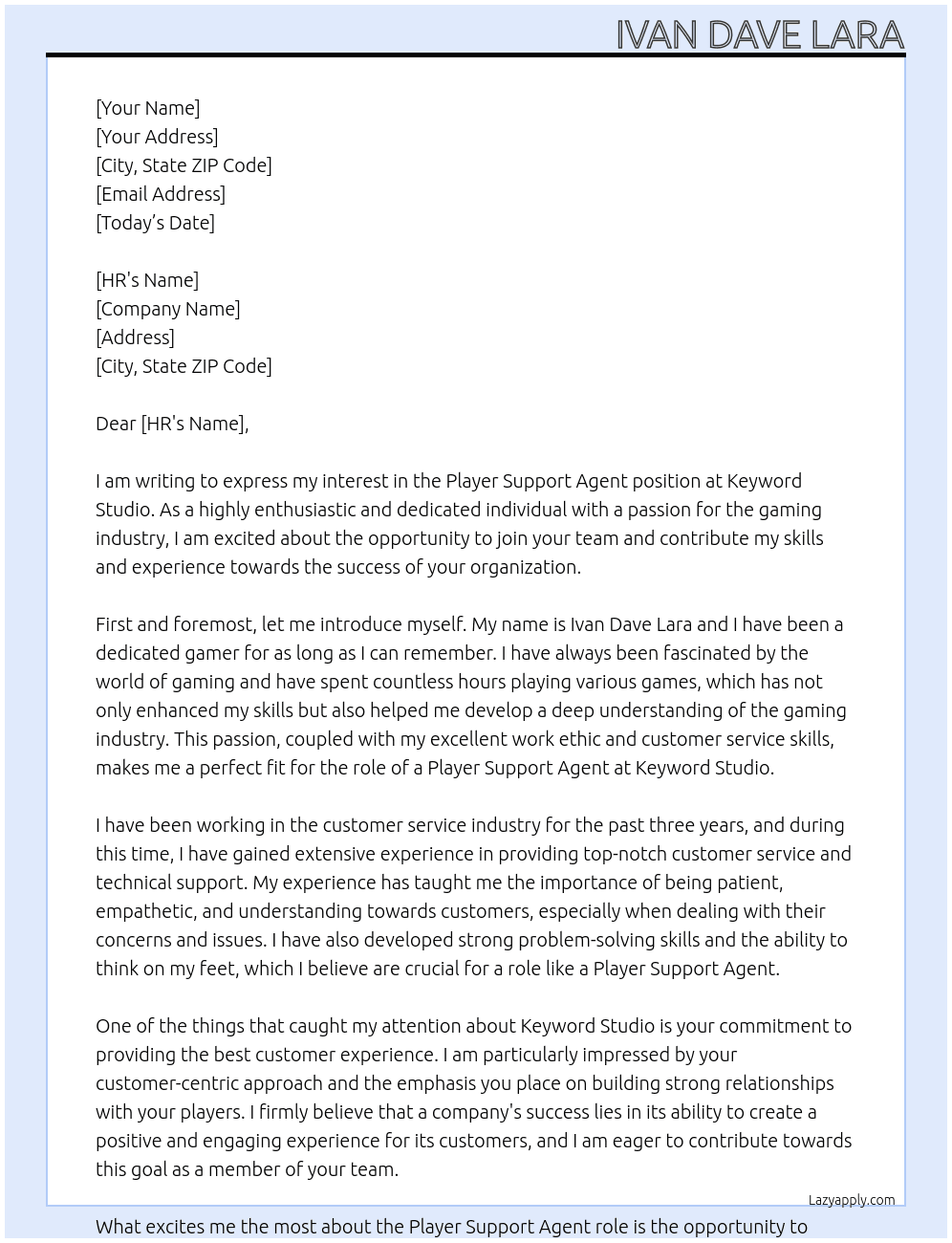 Player Suppoet Agent At Keyword Studio Cover Letter