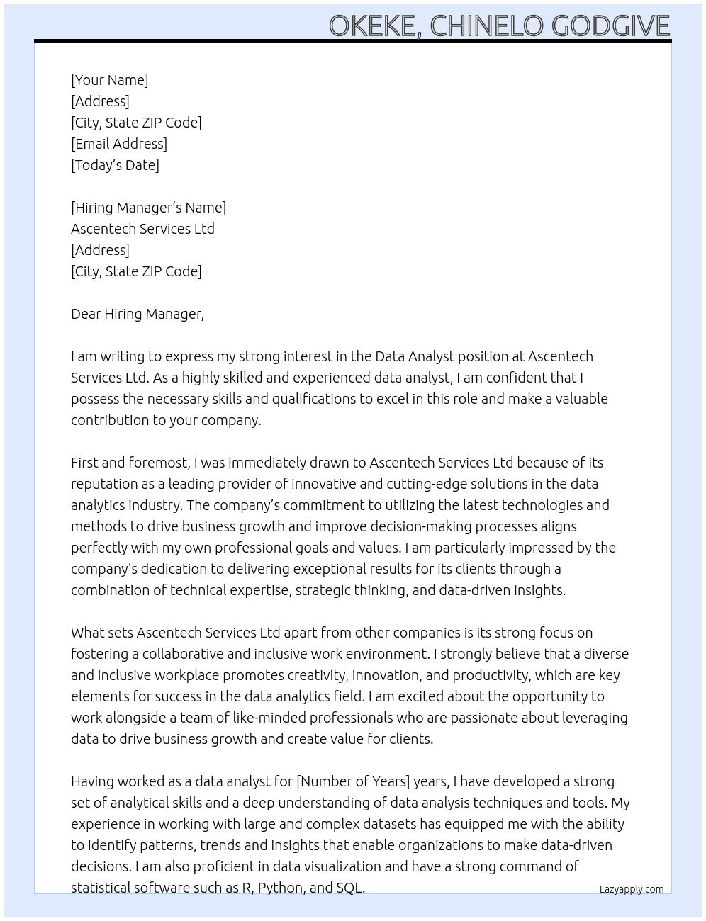 Data Analyst At Ascentech Services Ltd Cover Letter