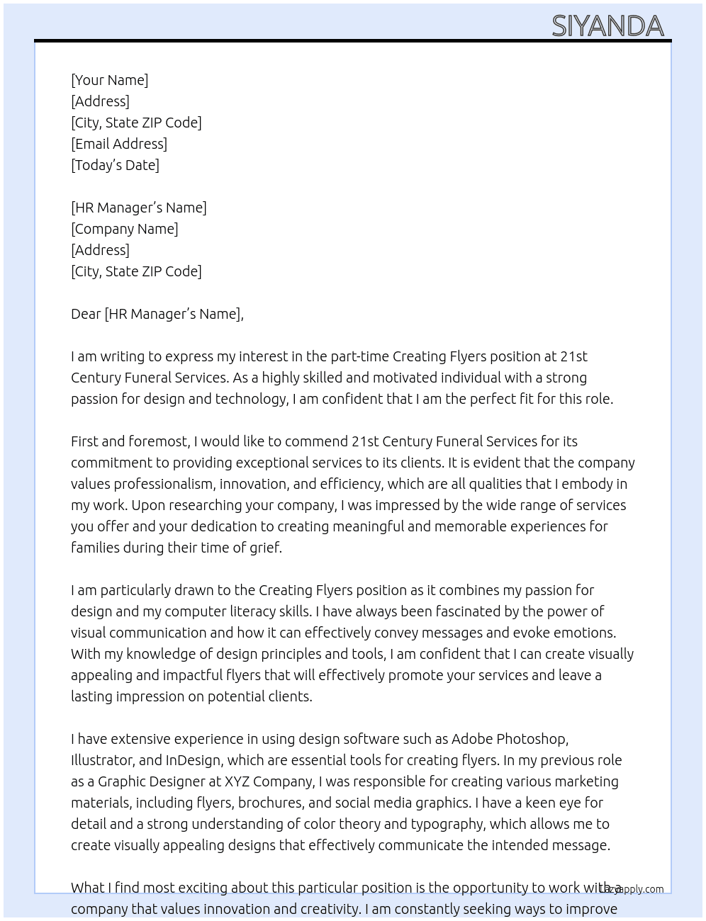 Creating flyers At 21st Century Funeral Services Cover Letter
