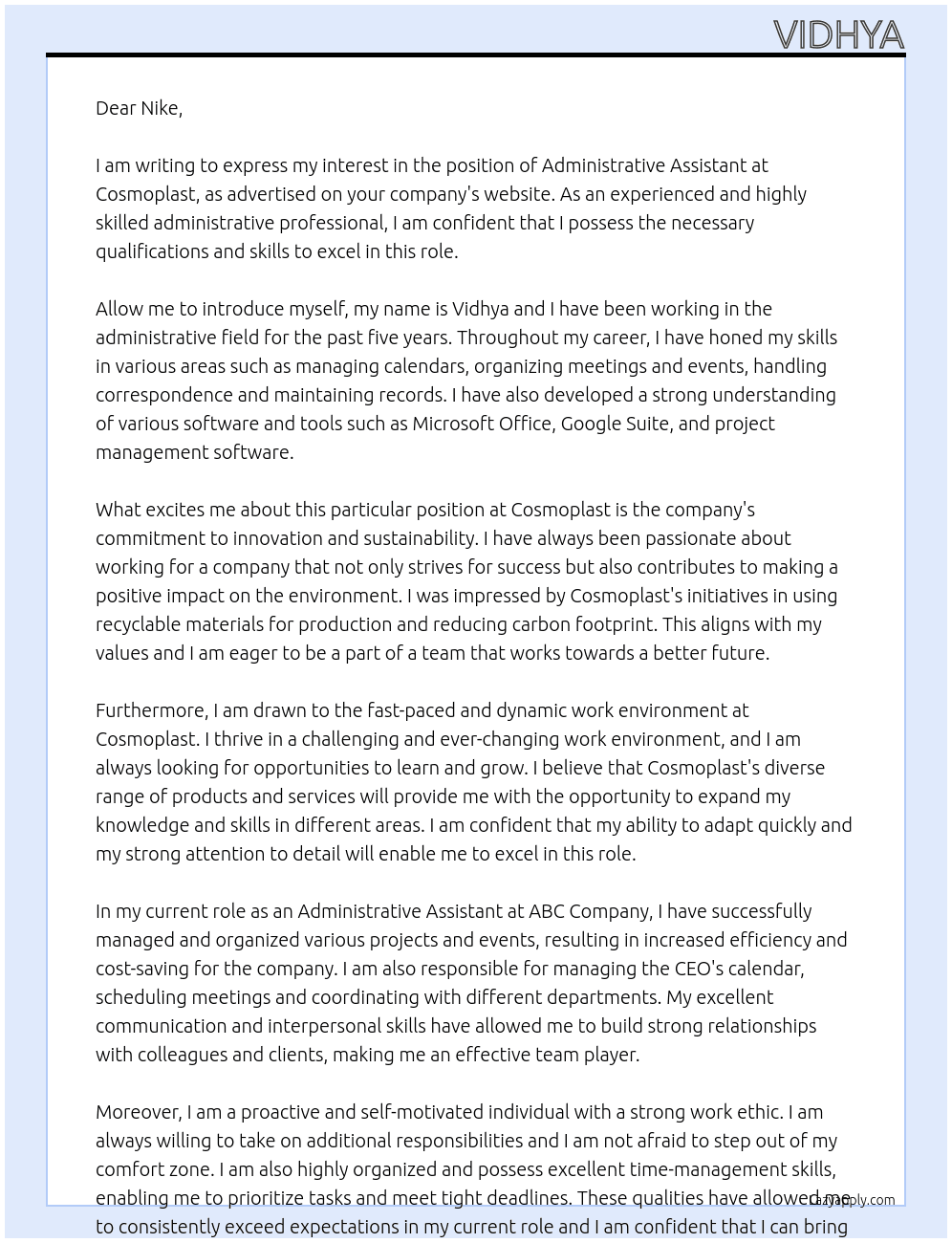 Administrative Assistant  At Cosmoplast  Cover Letter