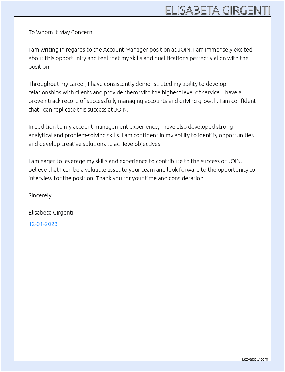 Account Manager At JOIN Cover Letter