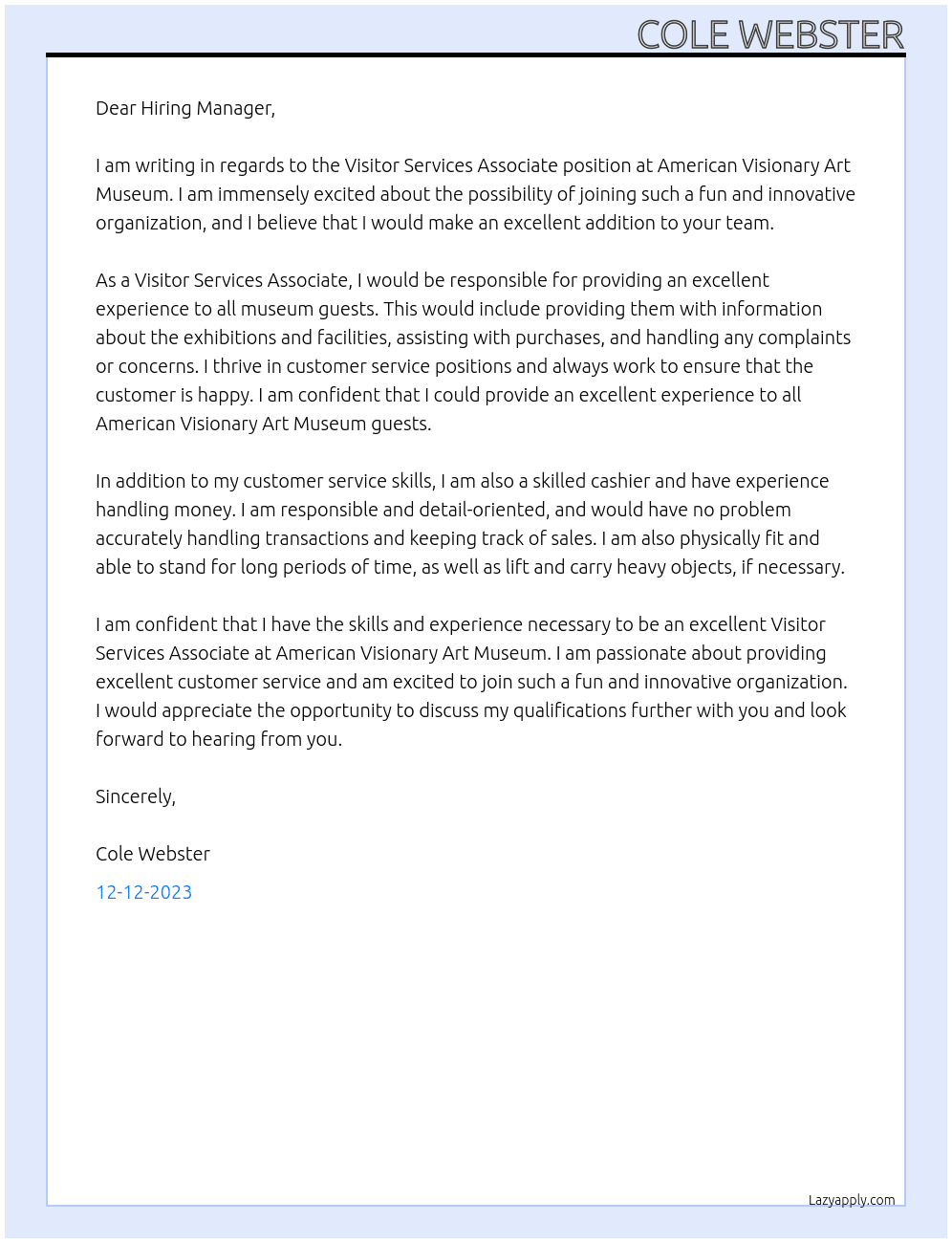 Visitor Services Associate At American Visionary Art Museum Cover Letter