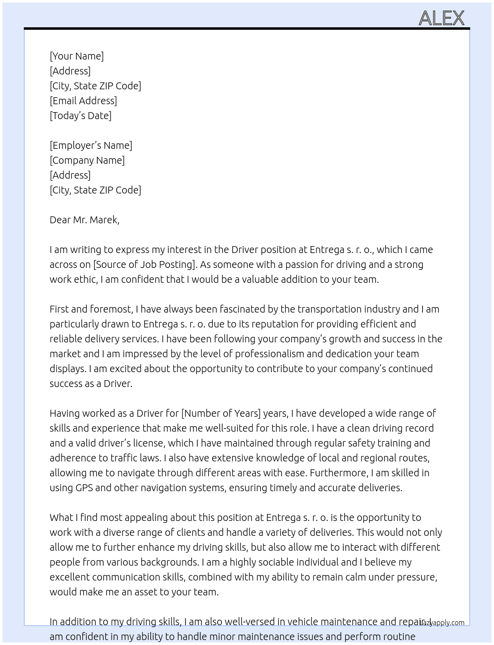 Driver At Entrega s. r. o. Cover Letter