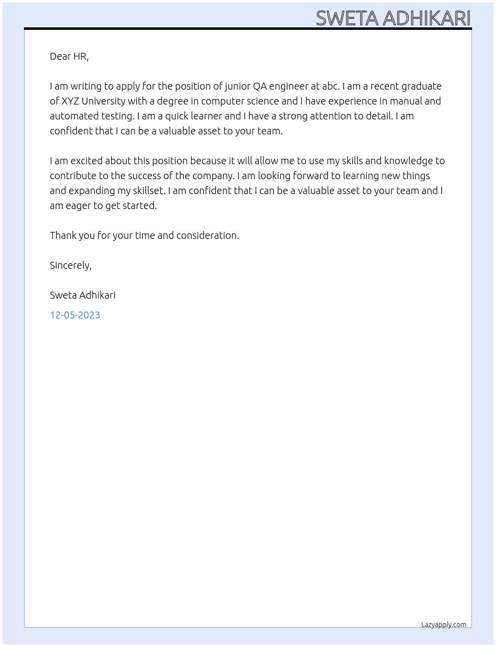 junior QA engineer At abc Cover Letter