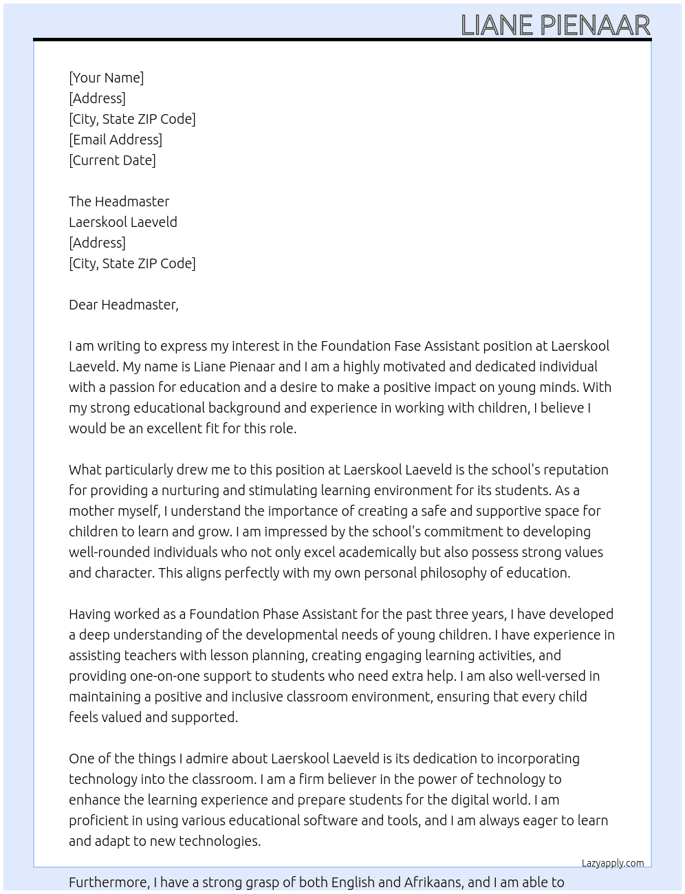 Foundation Fase Assistant  At Laerskool Laeveld Cover Letter