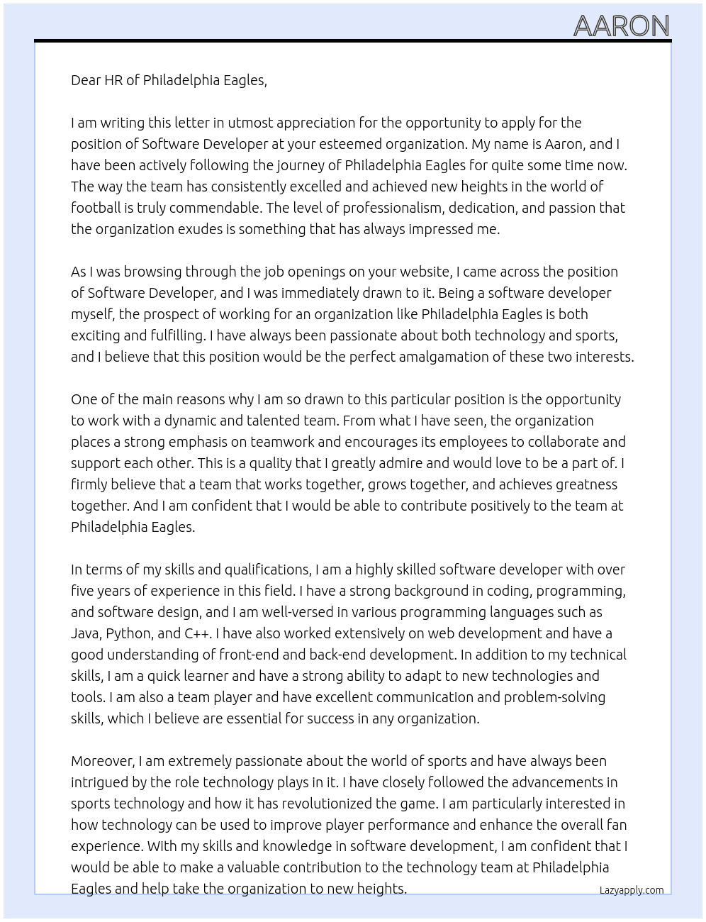 Software developer  At Philadelphia Eagles Cover Letter