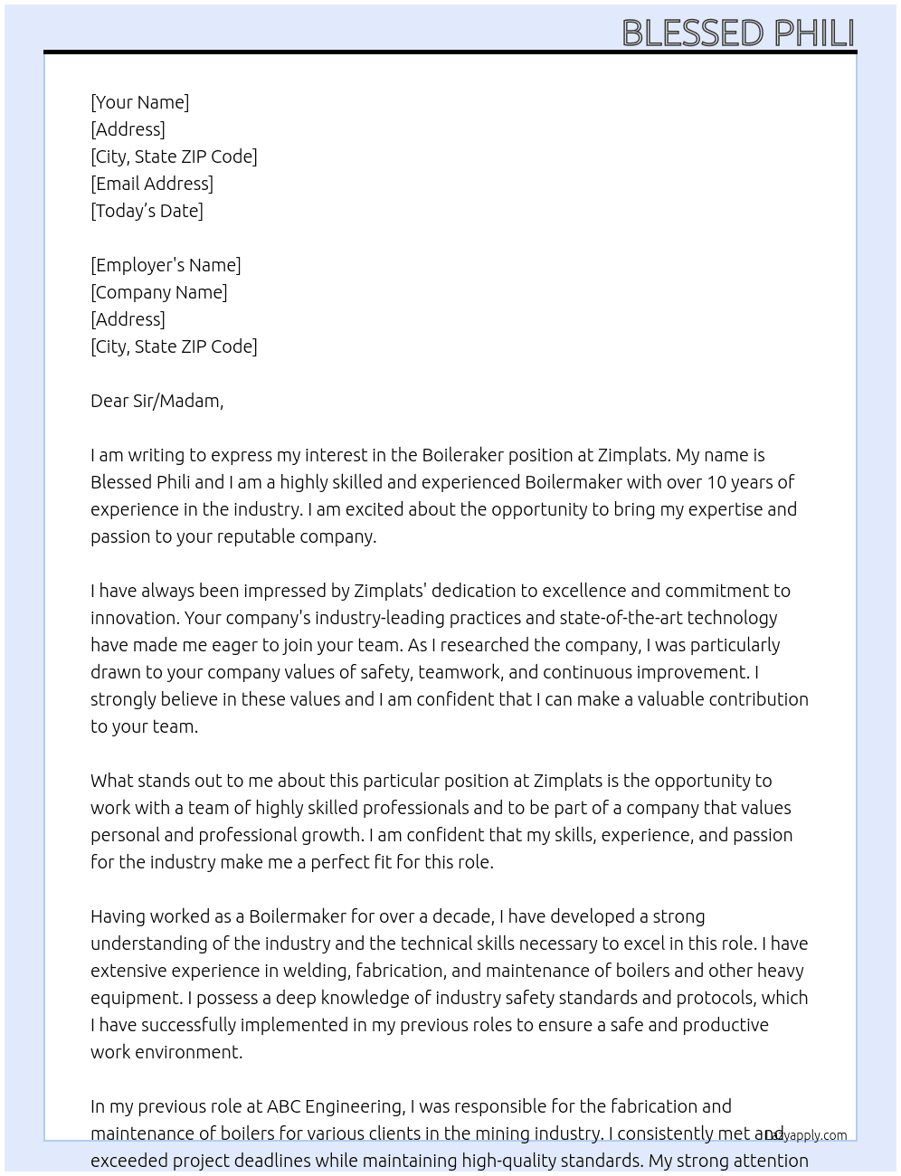 Boileraker At Zimplats Cover Letter