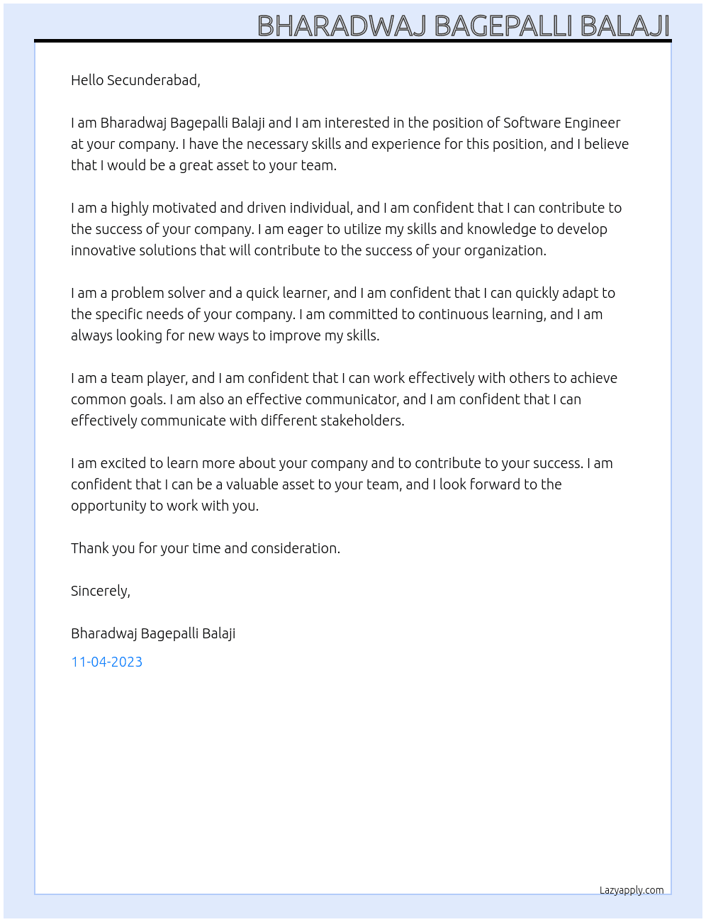 Software Engineer At Secunderabad  Cover Letter
