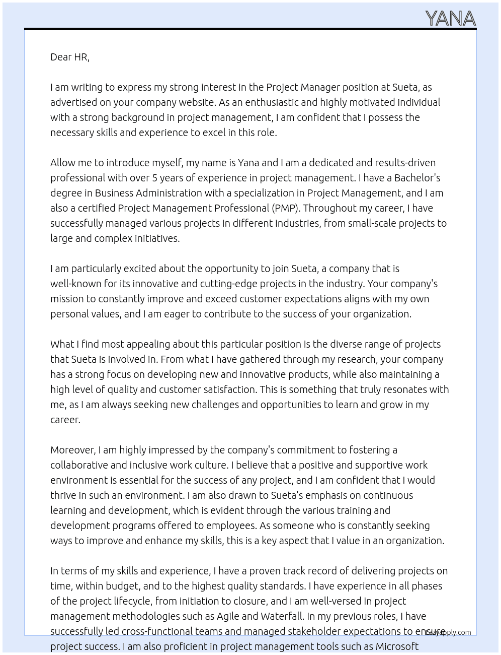 Project manager  At Sueta  Cover Letter