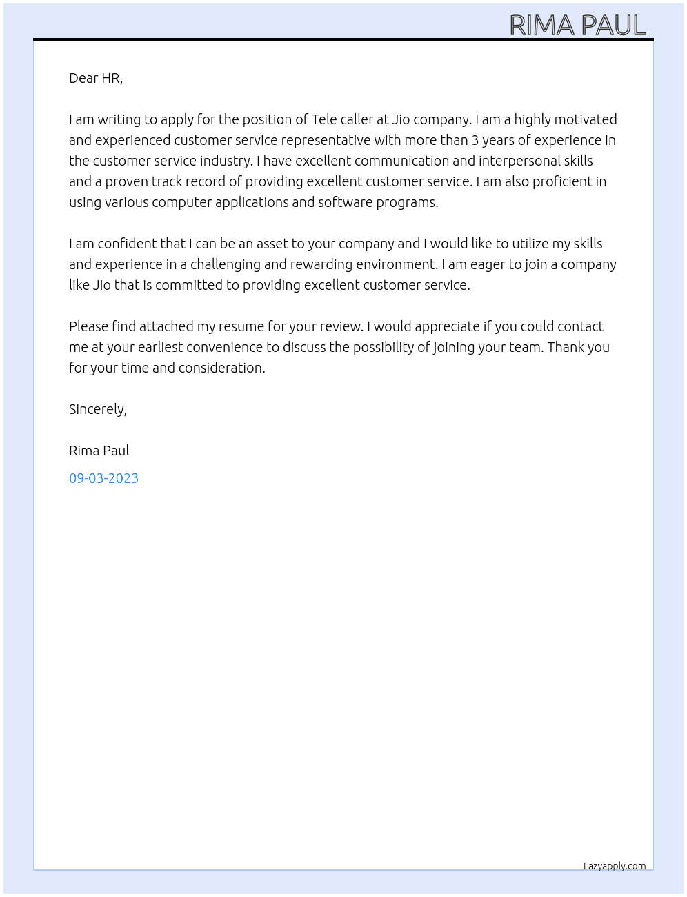 Tele caller At Jio company  Cover Letter