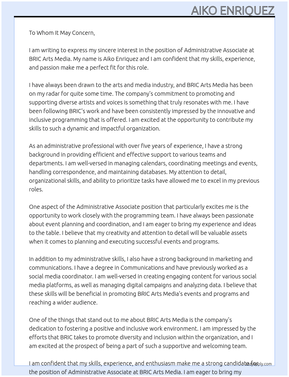 Administrative Associate At BRIC Arts Media Cover Letter