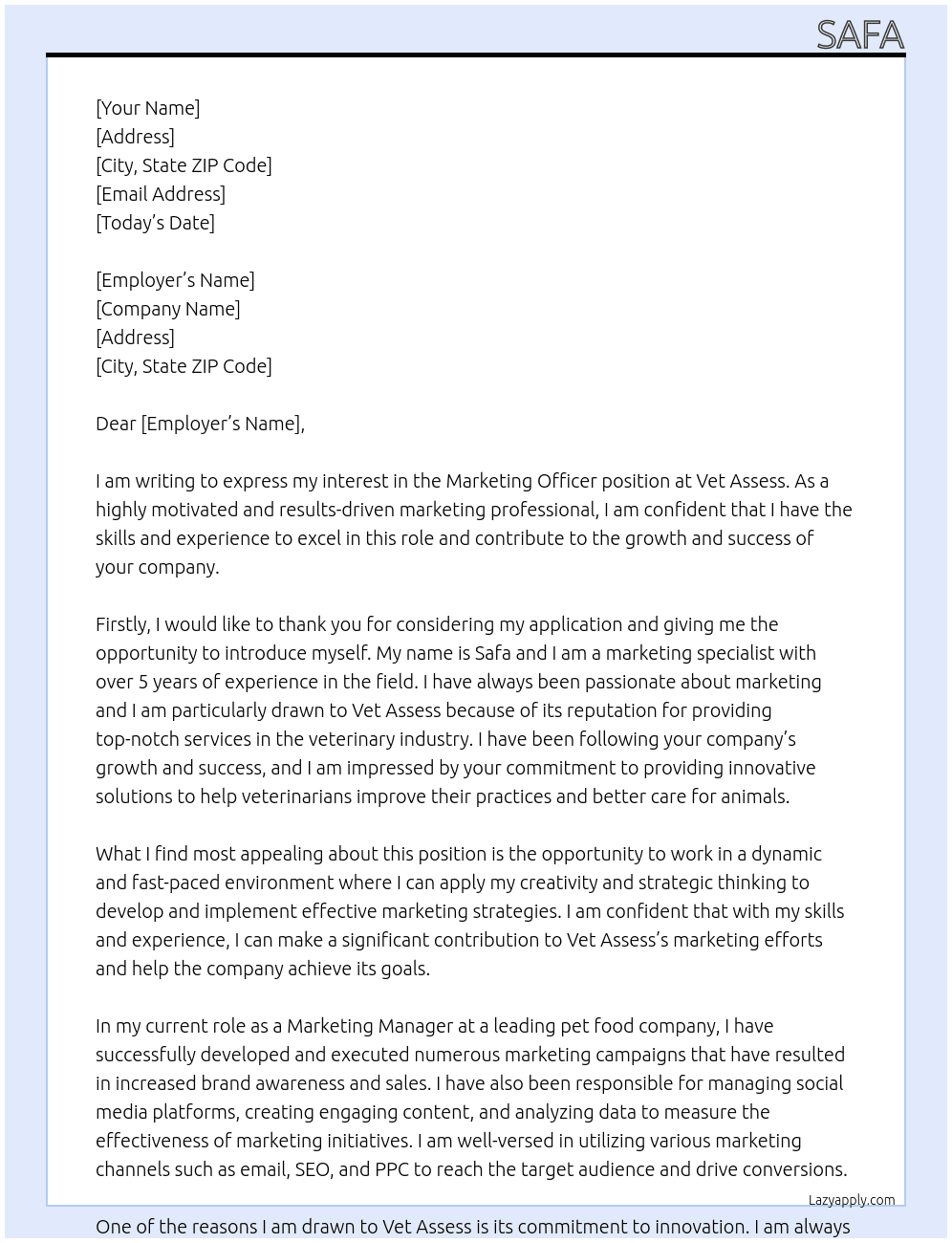 Marketing Officer At Vet assess Cover Letter