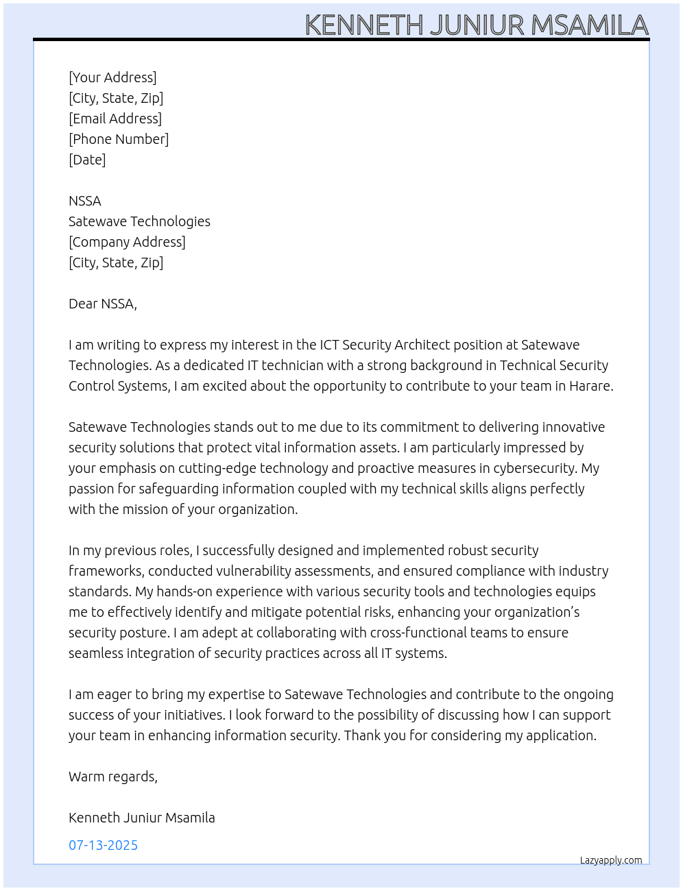 ICT security architect At Satewave Technologies Cover Letter