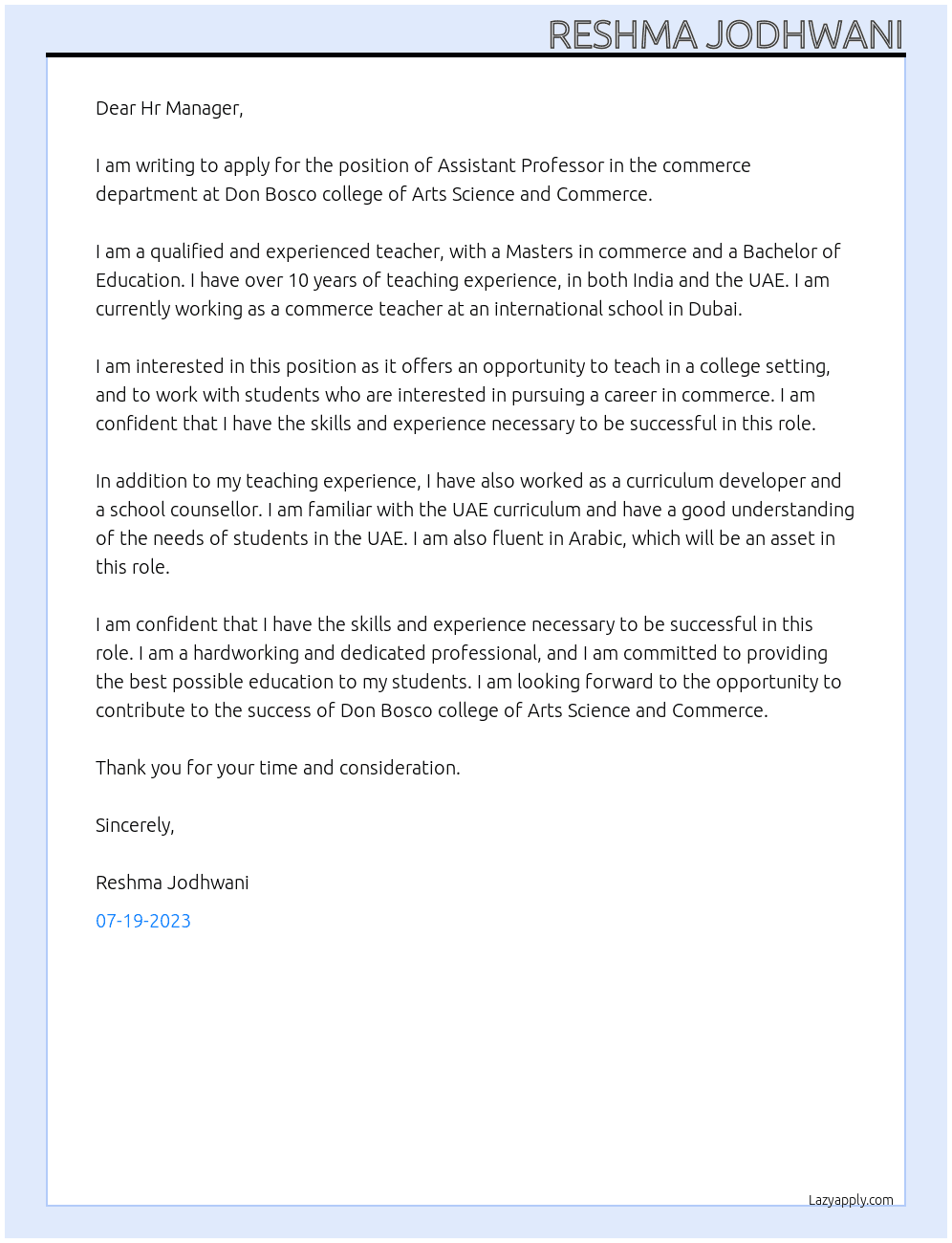 Assistant Professor in the commerce department  At Don Bosco college of Arts Science and Commerce  Cover Letter